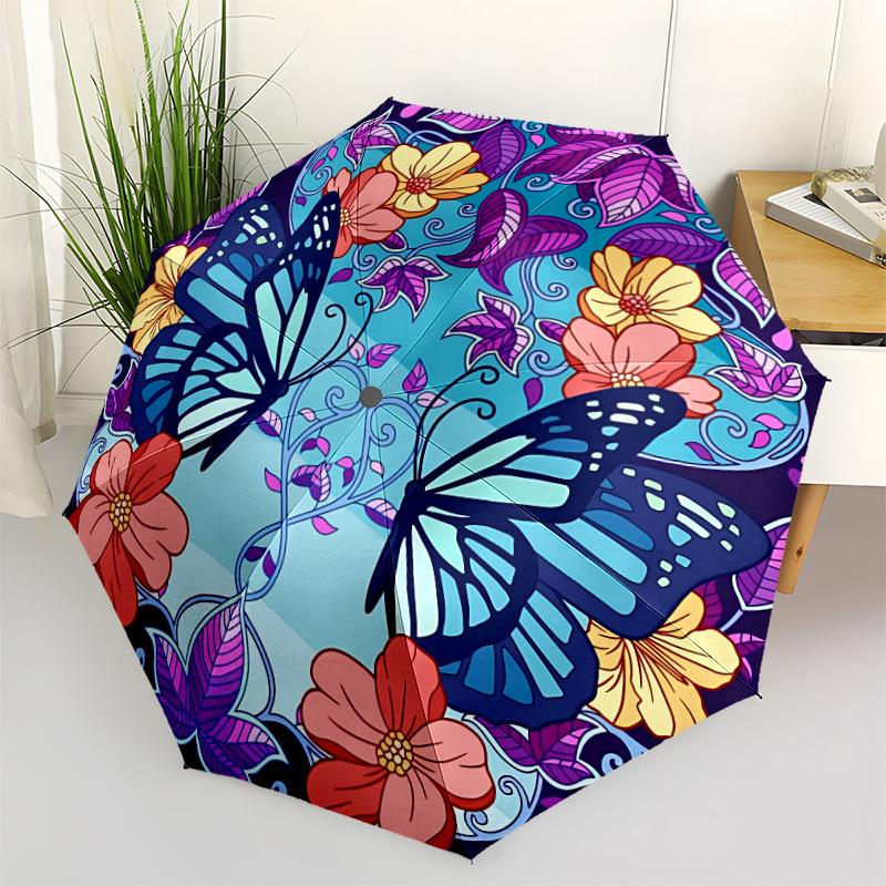 1pc Butterfly Flowers Automatic Open/Close Umbrella, Portable Folding Umbrella, Compact Travel Umbrella for078