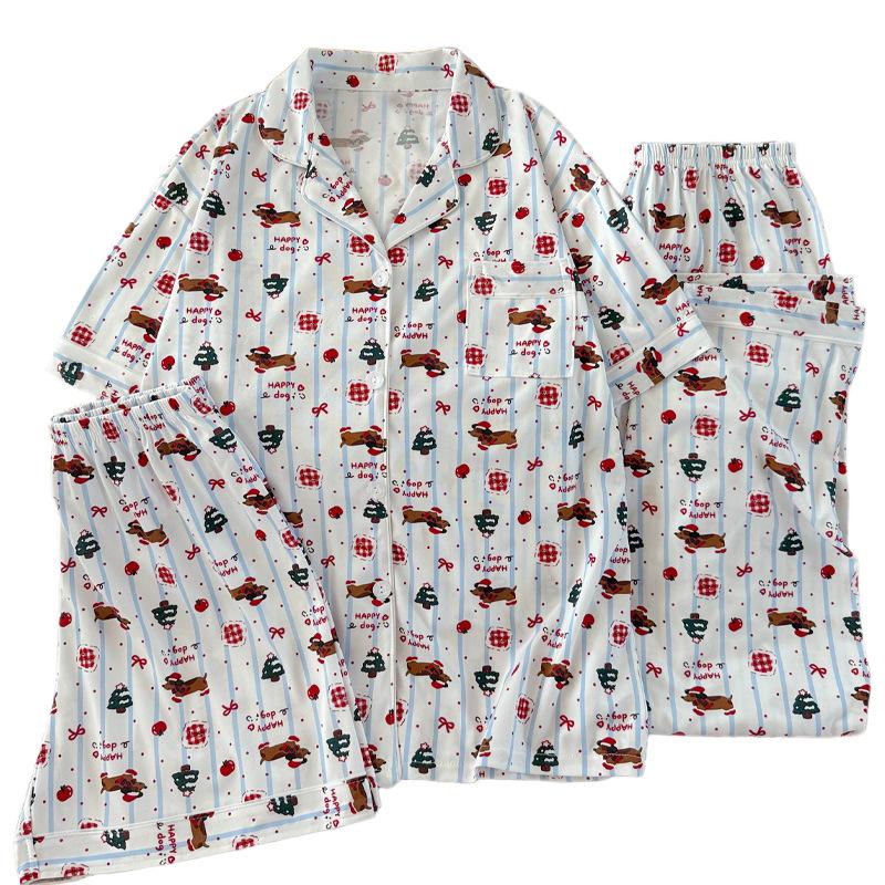 Set Pijama de Damă Dachshund Desen Animat cu Buline și Dungi - Mânecă Scurtă, Stil Coreean, Articole de Casă din Trei Piese.