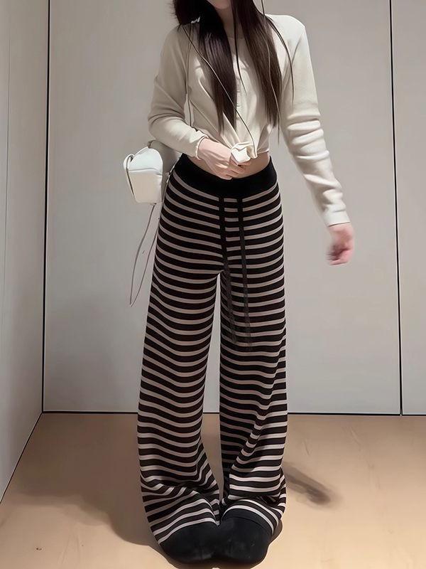Autumn & Winter Casual High-Waisted Wide-Leg Color Block Stripe Pants for Women S