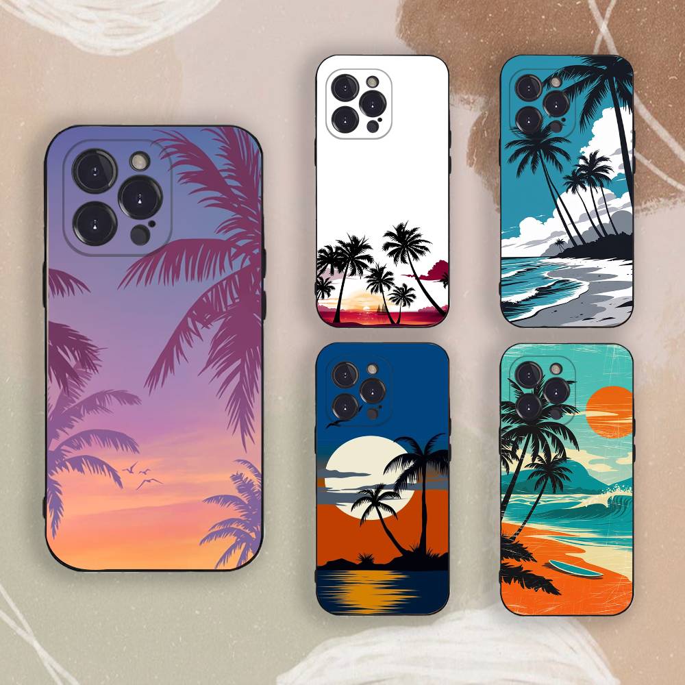 Coconut Tree Phone Case For iPhone 17,16,15,14,13,12,11,Pro,X,XS,Max,Plus,Soft Black Cover