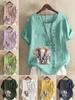 Women's Fashion Elephant Print Casual Cotton Linen Short Sleeve Round Neck T-shirt Shirt Leisure Loose Summer Blouse Tops