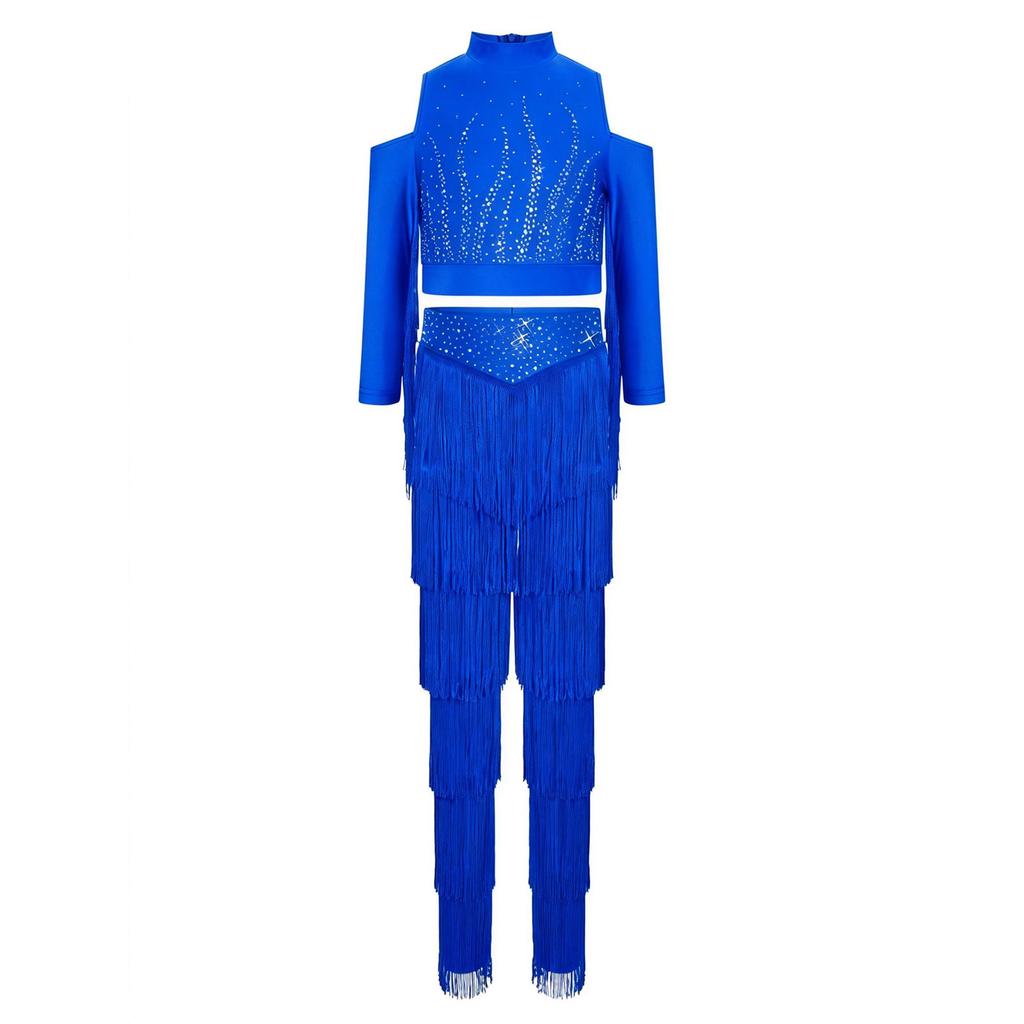 Set de pantaloni cu franjuri pe straturi pentru fete Talie elastică Crop top cu strasuri strălucitoare Ținută Latină