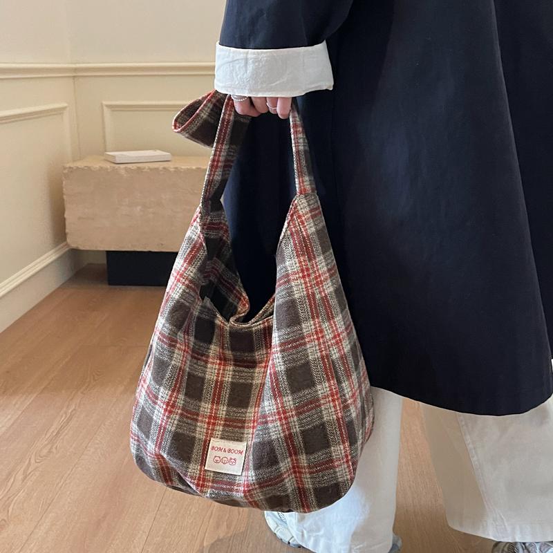 Vintage Plaid Handbag Lightweight Large Capacity Commuter Shoulder Bag