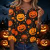 Women's Casual Halloween Pumpkin Print V Neck Button Front Three Quarter Sleeve T Shirt Top for Fall Seasonal Wear