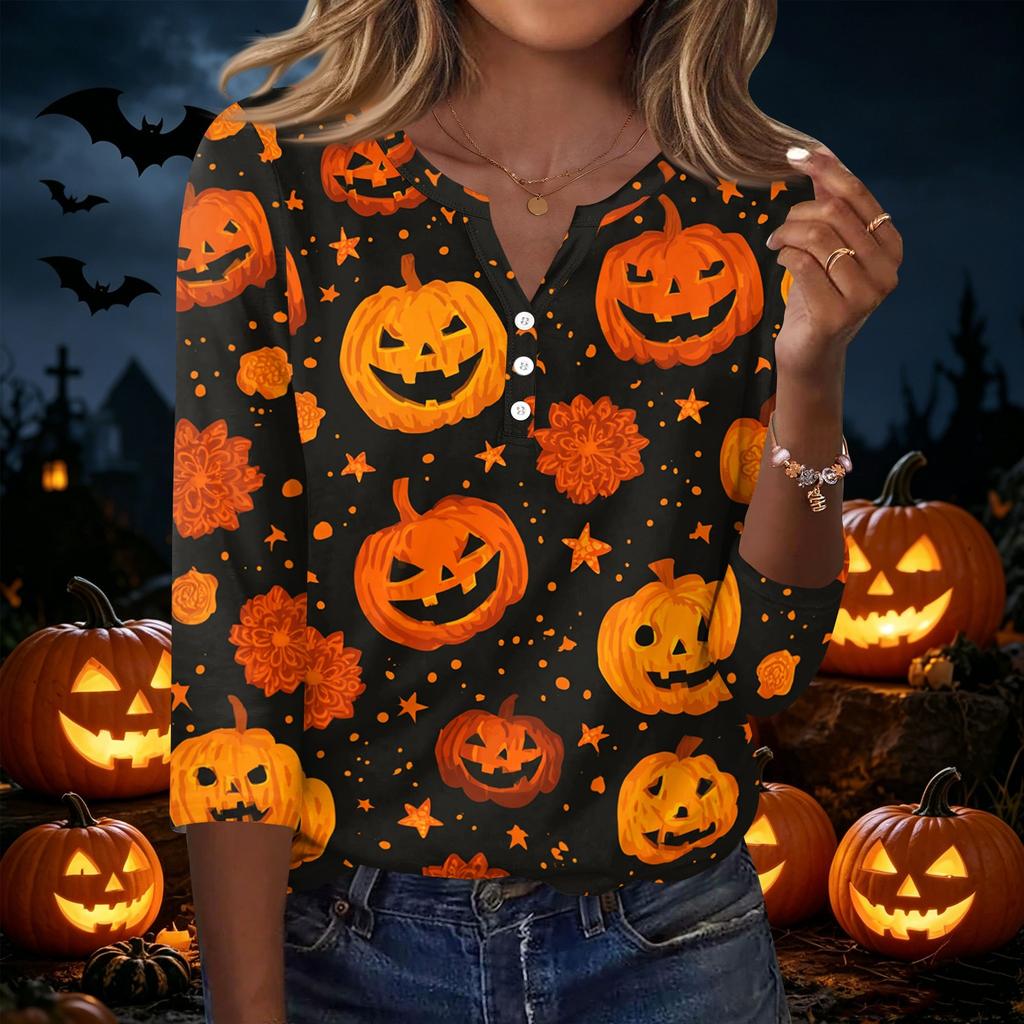 Women's Casual Halloween Pumpkin Print V Neck Button Front Three Quarter Sleeve T Shirt Top for Fall Seasonal Wear