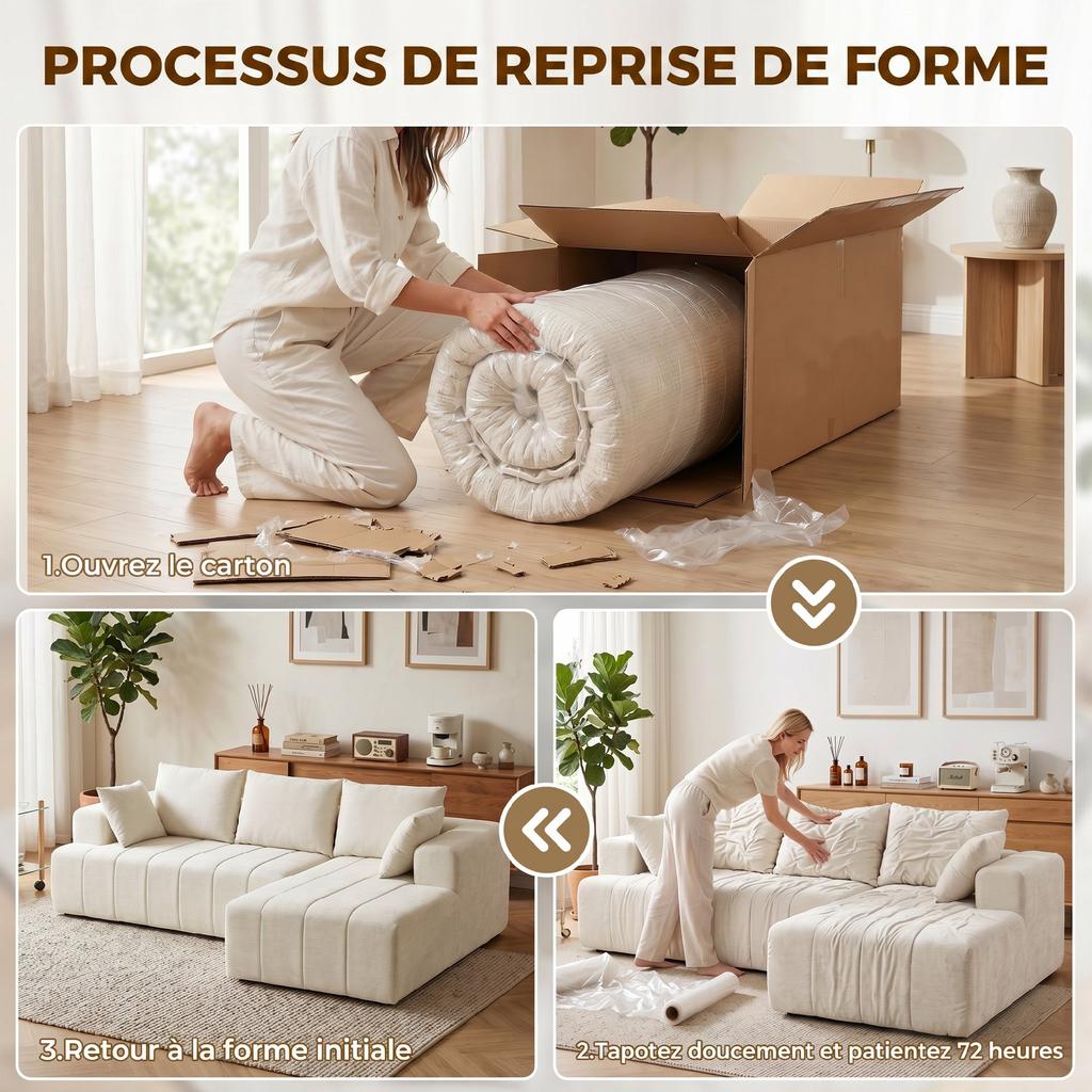Corner Sofa, 256 cm, Chaise Longue, 3-Seater Sofa Bed, Chenille L-Shaped, Wide Seat, Beige