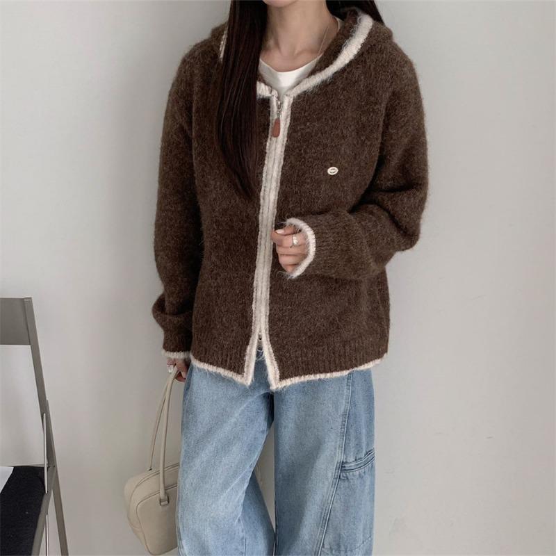 Zipper knitted cardigan women's autumn and winter new loose casual lazy contrasting color hooded sweater jacket women
