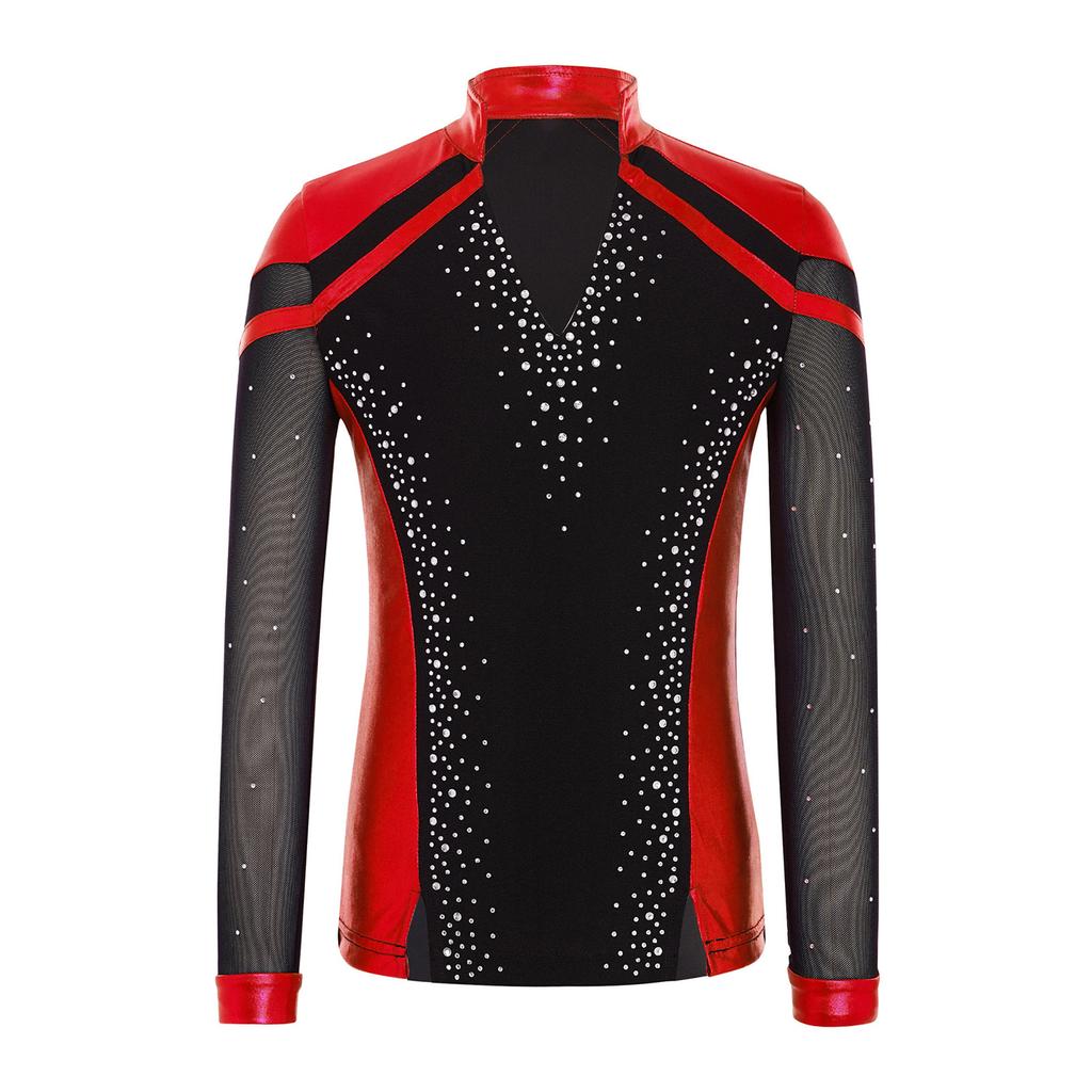 Boys V Neck Long Sleeve Shiny Metallic Color Block Figure Skating Top