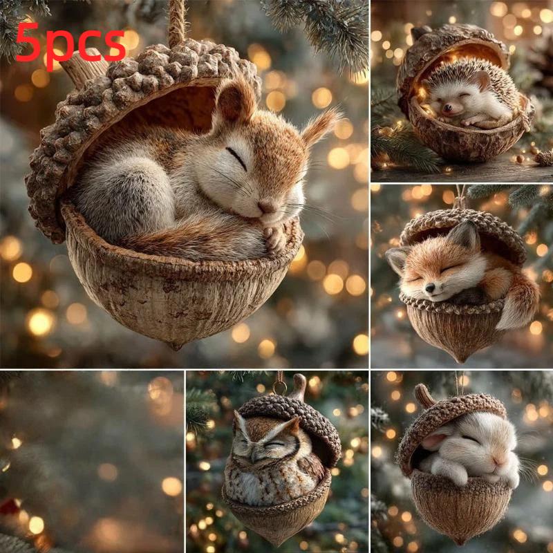 Forest Animal Acorn Flat Ornaments 1/5/6Pcs Lovely Christmas Decor for Kids Room Xmas Tree Holiday Party Indoor Decoration