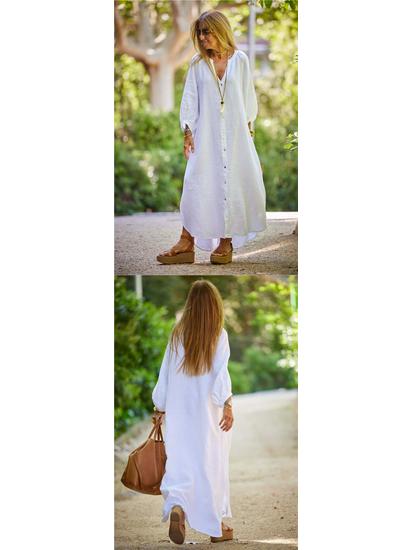 New Women's Cotton Linen Long Sleeve Cardigan Dress for Autumn and Winter