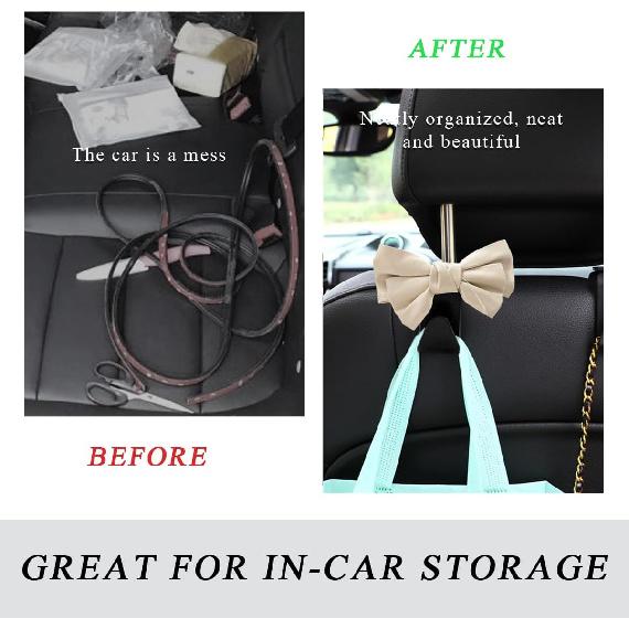 2 PCS Car Seat Headrest Hooks, Cute Bow Shaped Vehicle Backseat Storage Hooks, Leather Bow Shaped Sturdy Car Seat Back Hooks For