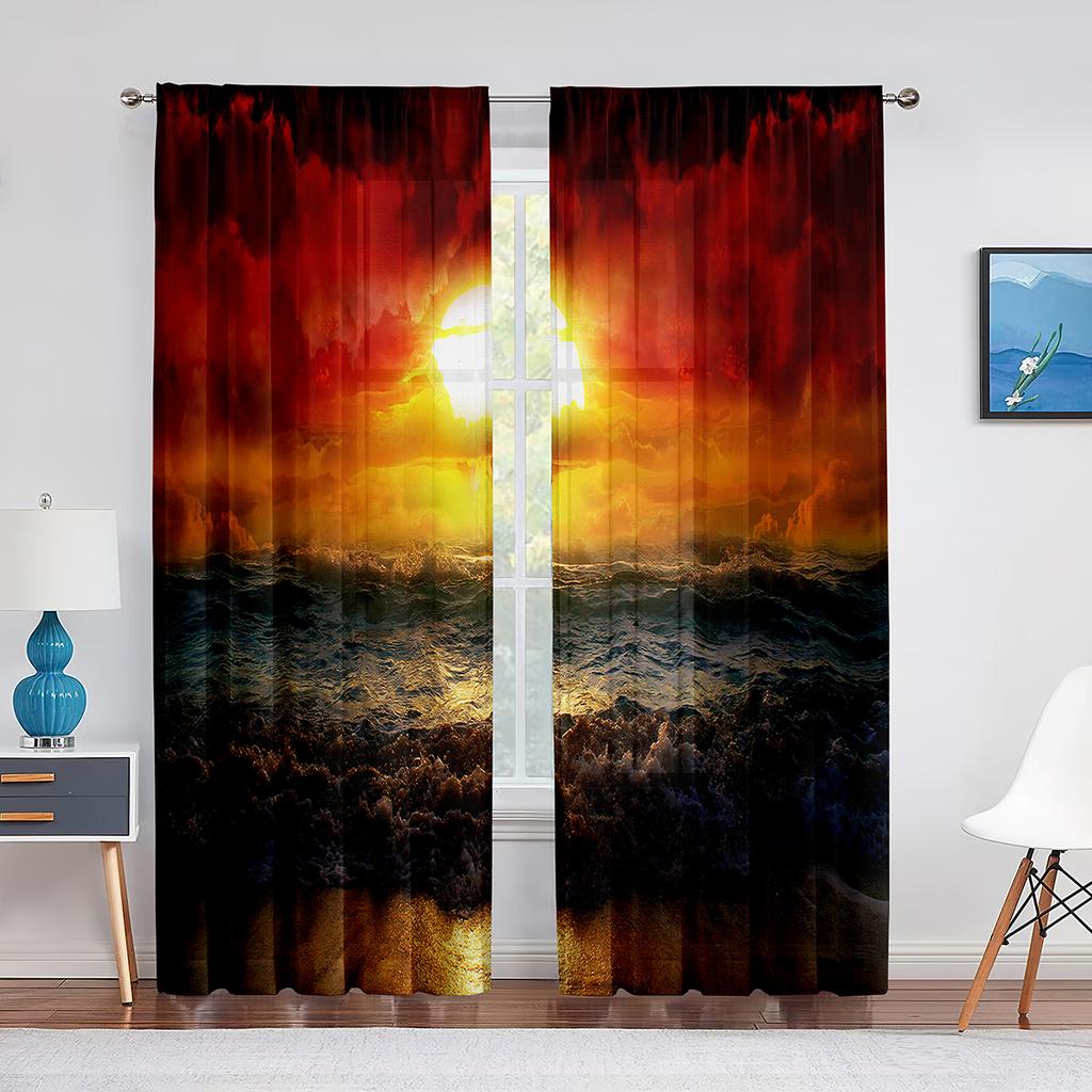 Sunset Clouds Sheer Voile Curtain Sun Rays Landscape View Art Window Tulle Curtains for Living Room Bedroom Kitchen Decorations
