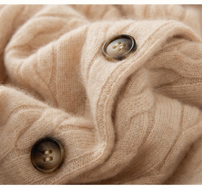 Women's Cashmere Cable-Knit Cardigan Sweater - Round Neck, Single-Breasted, Multi-Button, Loose Fit, Solid Color, Versatile Fall/Winter Style