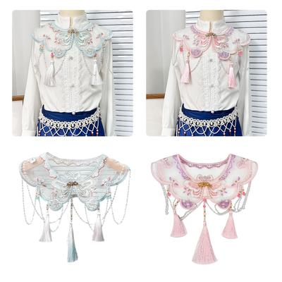 Detachable Faux Collar with Beaded Chain Tassels Vintage Embroidery Butterfly Chinese Yunjian Shawl Shoulder Capelet