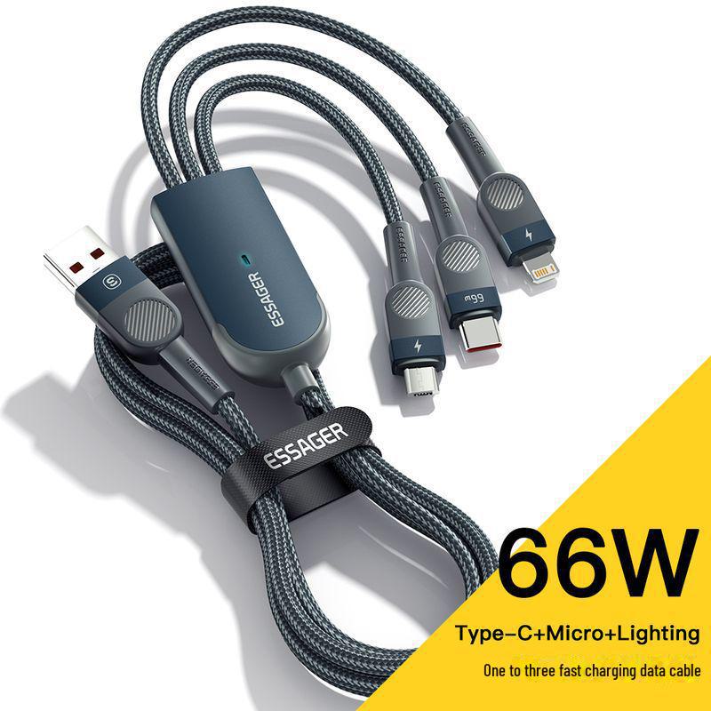 

ESSAGER Swift Series 66W Fast Charging Cable: 3-in-1 for Apple, Type-C, and Android Devices.