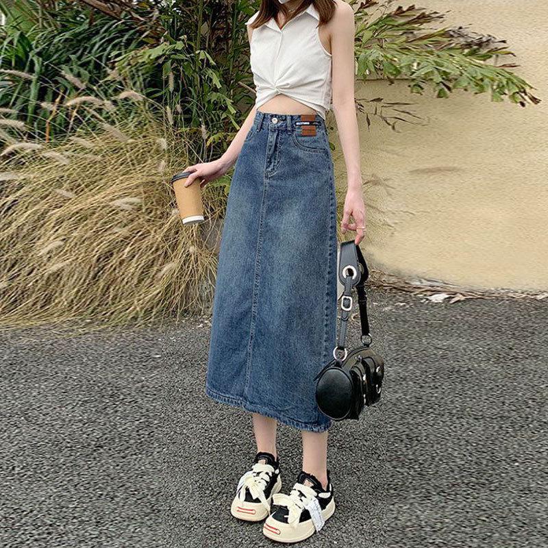 High-Waist A-Line Mid-Length Denim Skirt with Leather Accents - Women's Designer Casual Wear