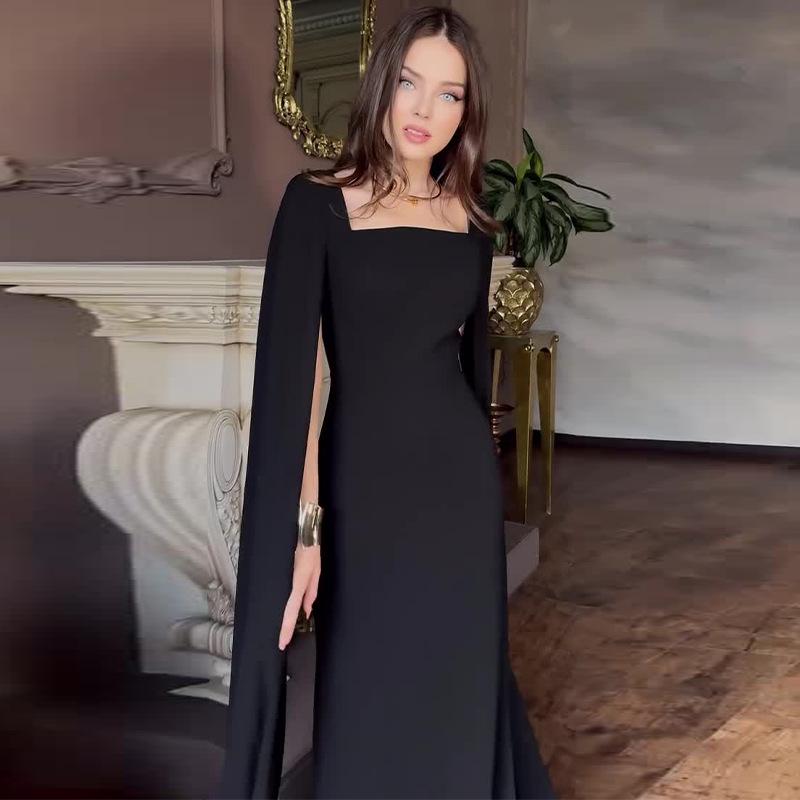 2024 Summer Women's Solid Color Square Neck Raglan Sleeve Slimming Dress