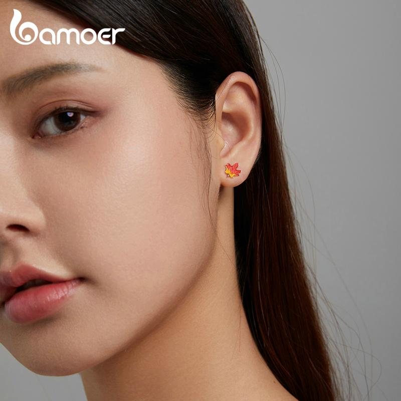 Bamoer 925 Sterling Sølv Morsomme Emalje Bright Maple Leaf Stud øredobber for kvinner Elegante fine smykker