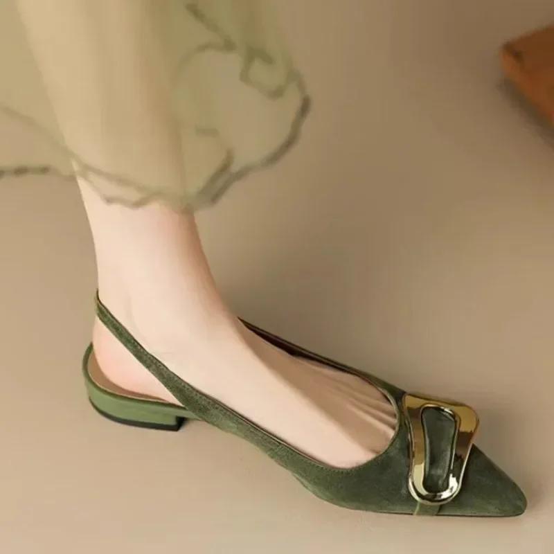 Low Sandals Woman Leather Low-heeled Rome Fabric Rubber Slides Hoof Heels PU Retro Metal Buckle Flat Shoes Zapatos De Mujer