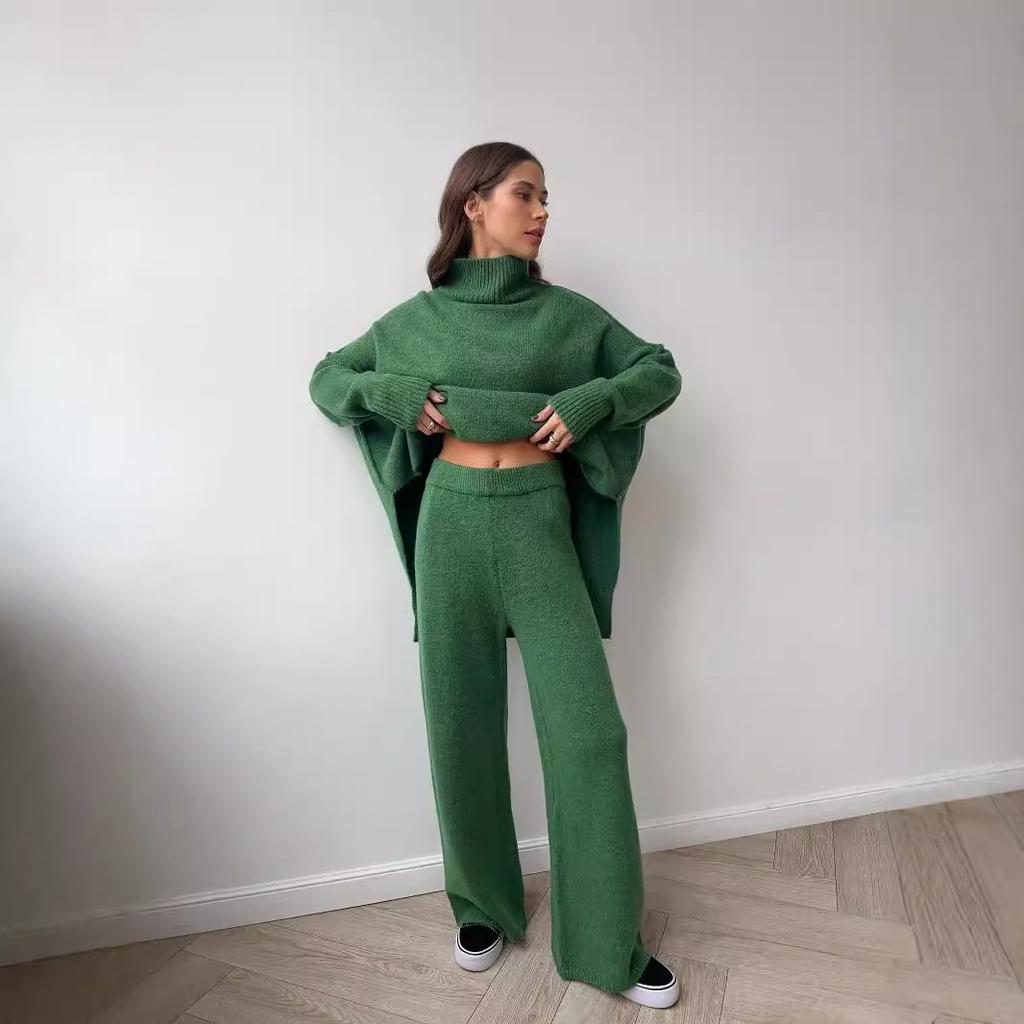 Russian turtleneck split-ended sweater knitted suit women's European and American loose casual wide-leg pants two-piece set