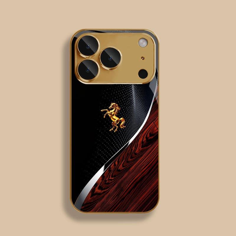 Golden Horse Pattern Gold Metallic Paint Glass Phone Case For 17 11 12 13 14 15 16 Pro Max 15 Plus 17Air 16E Cover