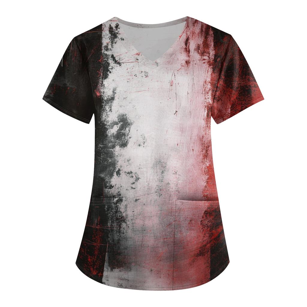 Women Halloween Print Loose Fit V Neck Short Sleeve Medical Scrub Top with Pockets Casual Workwear Uniform for Healthcare Professionals