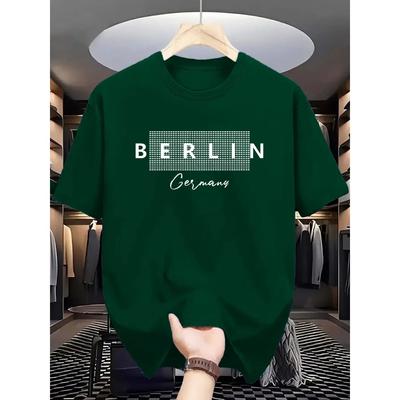 Men's Summer 100% Pure Cotton Fashionable Casual Loose Sports BERLIN Letter Pattern Printed Round Neck Short Sleeved T-shirt Top