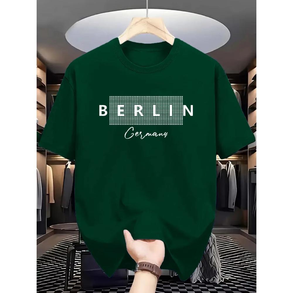 

Мужская летняя модная повседневная футболка с коротким рукавом и круглым вырезом, свободного кроя, из 100% чистого хлопка, с принтом в виде букв BERLIN. XXXXXL зелёный