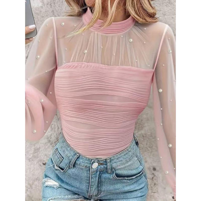 Grenzüberschreitende Neue Frühjahrs- und Herbst-Perlennetz-Spleiß-Langarmtops und Unterhemden für Damen