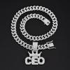 Men Hip Hop Crown CEO Letter Pendant with Cuban Link Chain Necklace For Women Men  Bling Iced Out Rhinestone Necklaces Jewelry