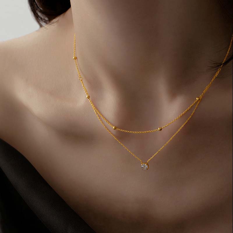 

Stylish Shiny Zircon Double Layer Staniless Steel Waterproof Gold Color Choker Necklace Stacked Fashion Zircon Gift for Women золотой