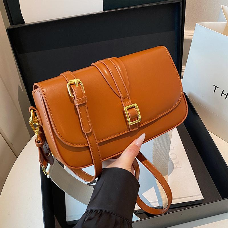 Solid Color Women's Shoulder Bag Wide Strap Handbag Brand Samll Crossbody Bag PU Leather Envelope Bag Lady Satchel Flap Handbags
