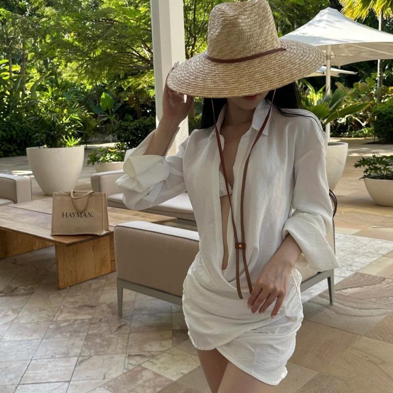 Pure desire sexy neck halter split three-point white bikini long-sleeved sunscreen shirt set