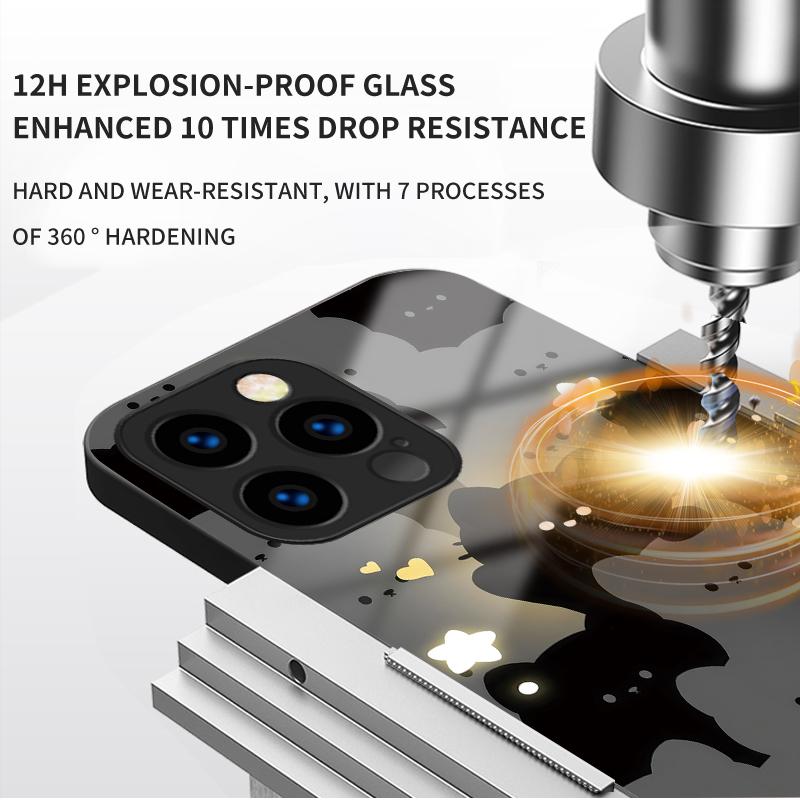 Tempered Glass Casing Cute Cartoon Cats Printed Protective TPU Cover Soft Case Shell for iPhone Samsung