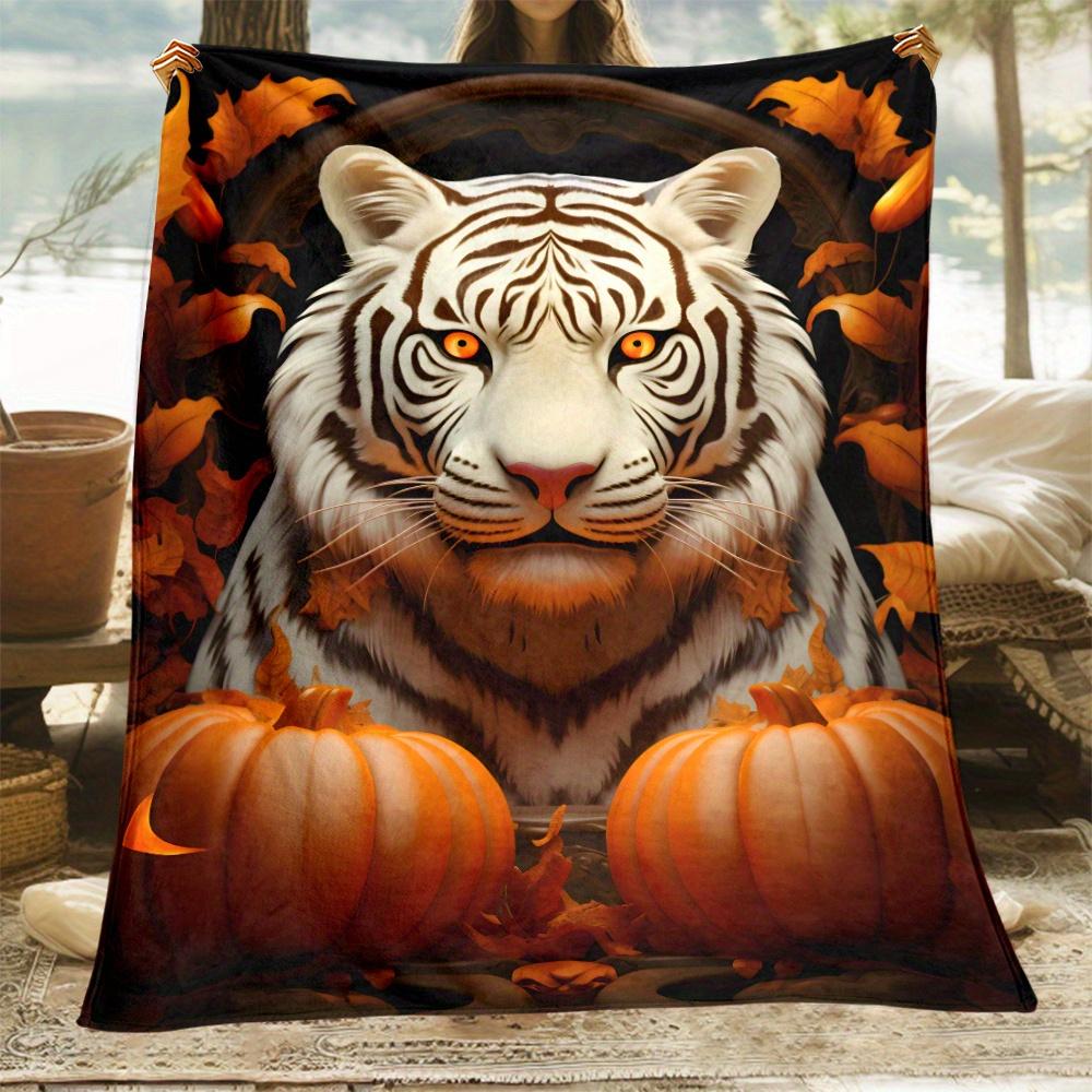 

White Tiger Autumn Pumpkin Fleece Blanket Fall Decor Animal Print Soft Throw Blanket Cozy Home Bedding Gift Idea for Wildlife 75x100cm