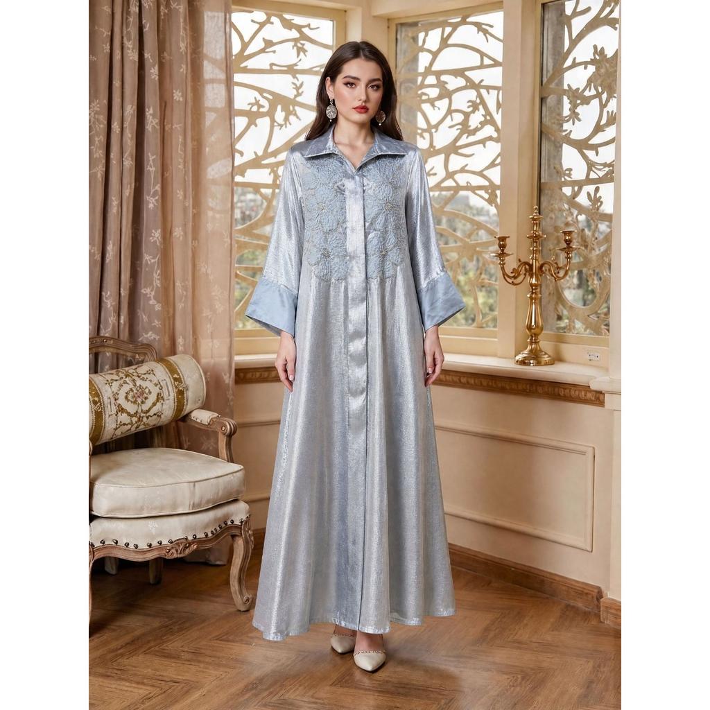 New In Stock Luxury 3D Embroidered Women's Long Abaya, Breathable Shiny Big Hem Dress, Malaysia Muslim Clothing