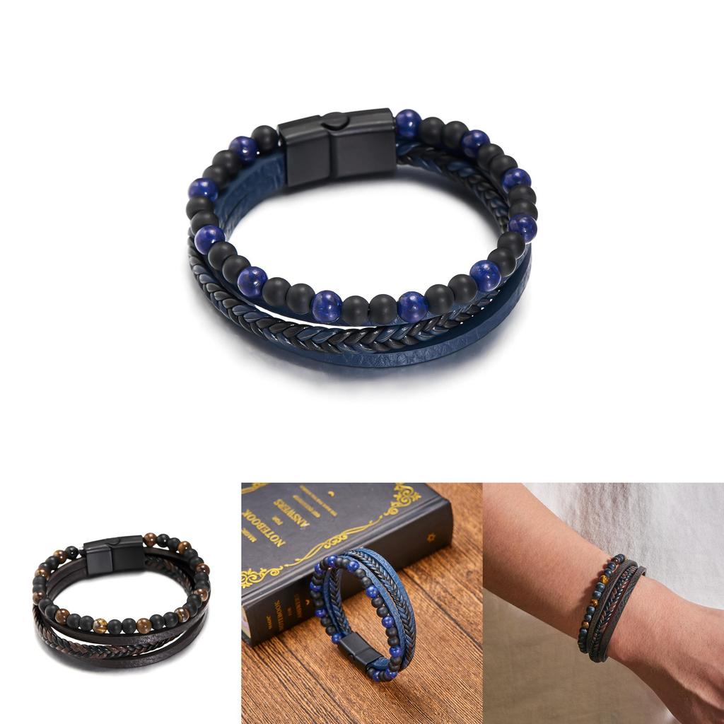 Geometrischer Stil Herren Webleder Armband Mit Perlen-Design Für Trendige Looks