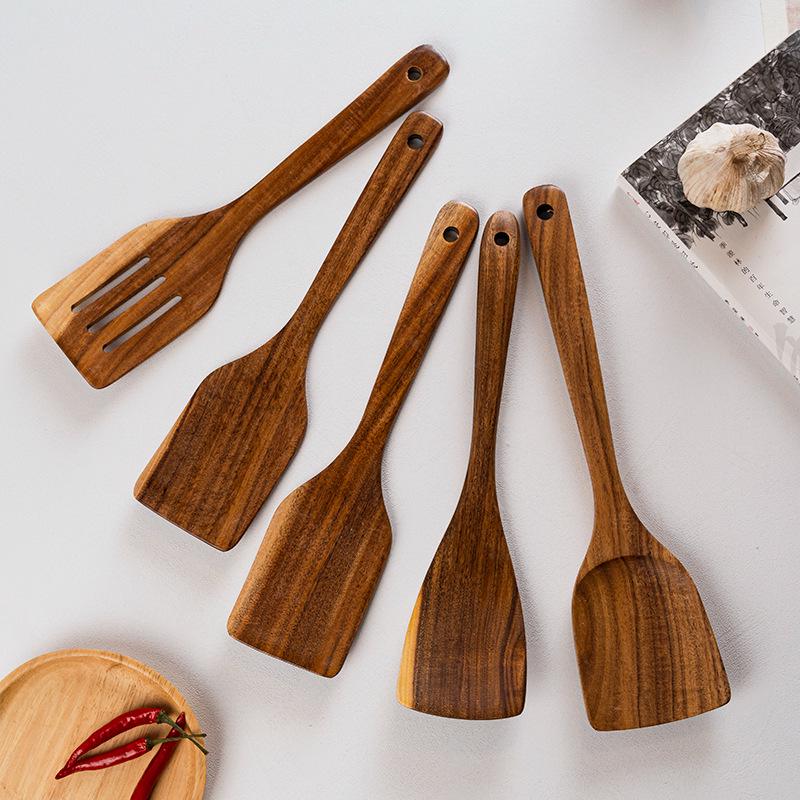Teak Acacia Wood Kitchen Utensil Set: Spatula, Spoon, Ladle, Turner, Long Handle Rice Spoon