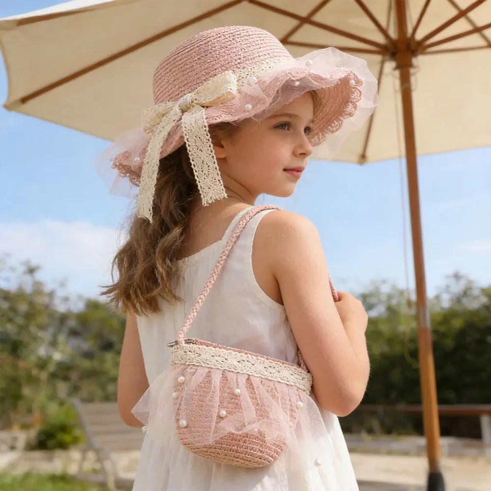 Elegant Summer Kids Straw Hat with Lace Wide Brim Cute Breathable Sun Hat Shoulder Bag for Girls Beach Outdoor Sunscreen