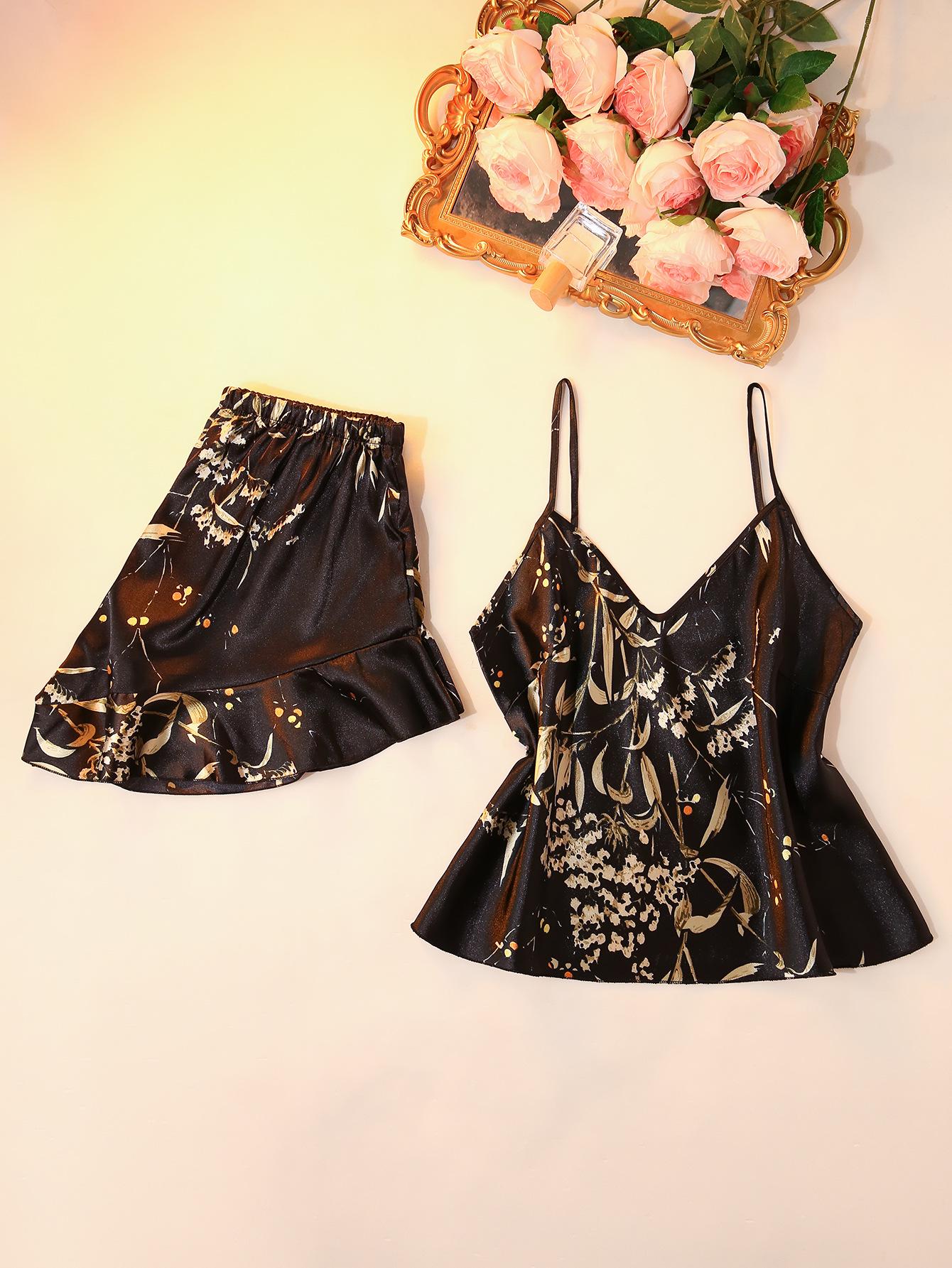 Floral Silk-Like Camisole Pajama Set: Fashionable & Comfortable Two-Piece Homewear Medium чёрный