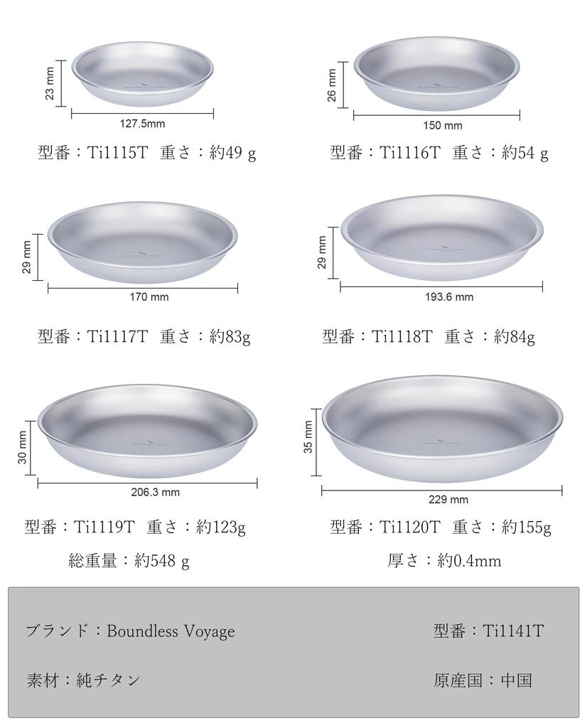 Boundless Voyage Titanium Camping for Outdoor and Home Includes Mesh Storage Bag of 1 of Each Ti1141T Plates, Dishes, Unbreakable, Rust-Resistant,