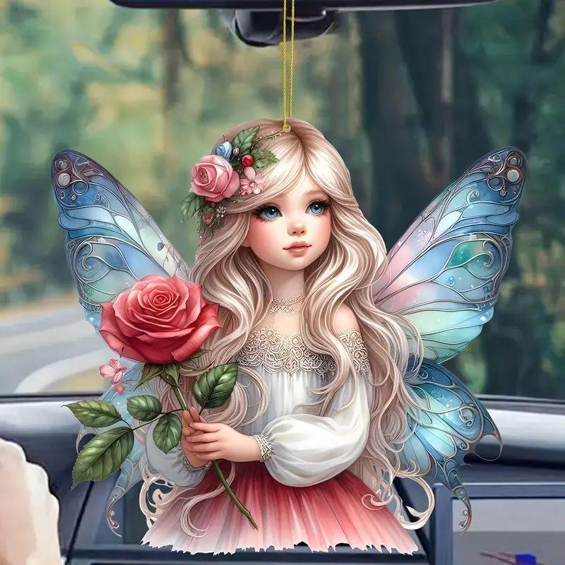 Cute Acrylic Pink Angel Fairy Keychain With Wings For Car Mirror Decoration