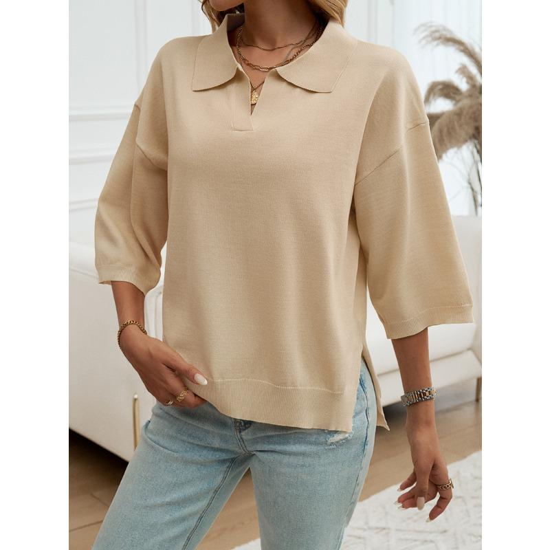 Women Solid Color Lapel Solid Color Half Sleeve Loose Sweater