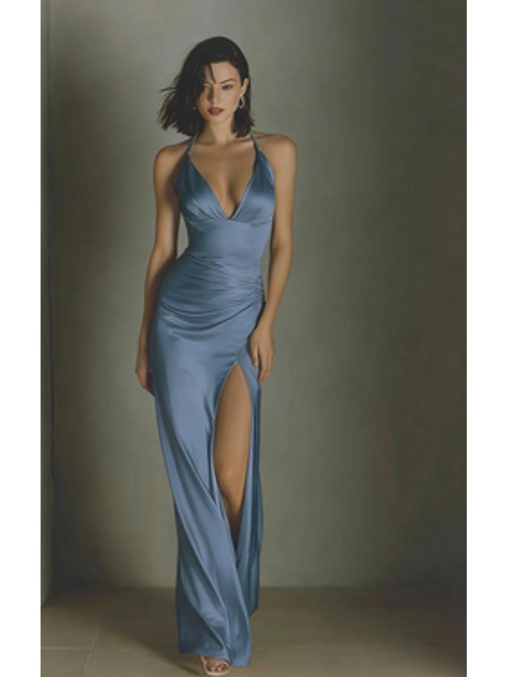 

Elegant Champagne Halter Backless Satin Evening Gown with Waist-Cinched Slit - Summer 2026 Collection 3XL