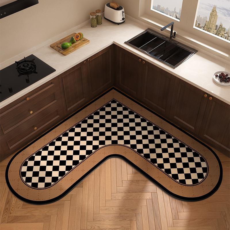 L-shaped Carpet for Kitchen Absorbent Non-slip Floor Mat Minimalist Retro Style Home Decoration Rug Oil Absorption Wipeable