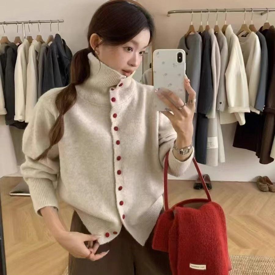 

Женский вязаный кардиган с высоким воротником на пуговицах, однотонный, свитер свободного кроя. Large