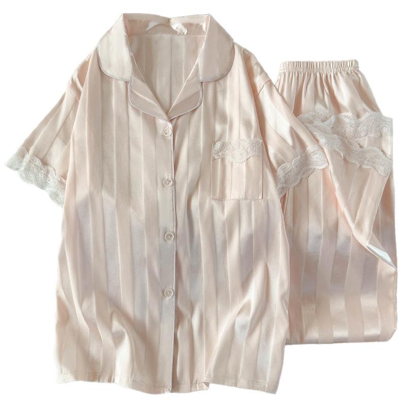Solid Color Wind Ice Silk Striped Temperament Lace Edge Pajamas Women'S Summer Short-Sleeved Suit Loungewear