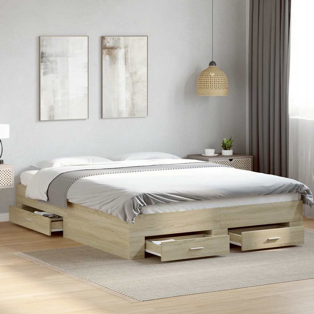 Bed Frame with Drawers Sonoma Oak 150x200cm Engineered Wood