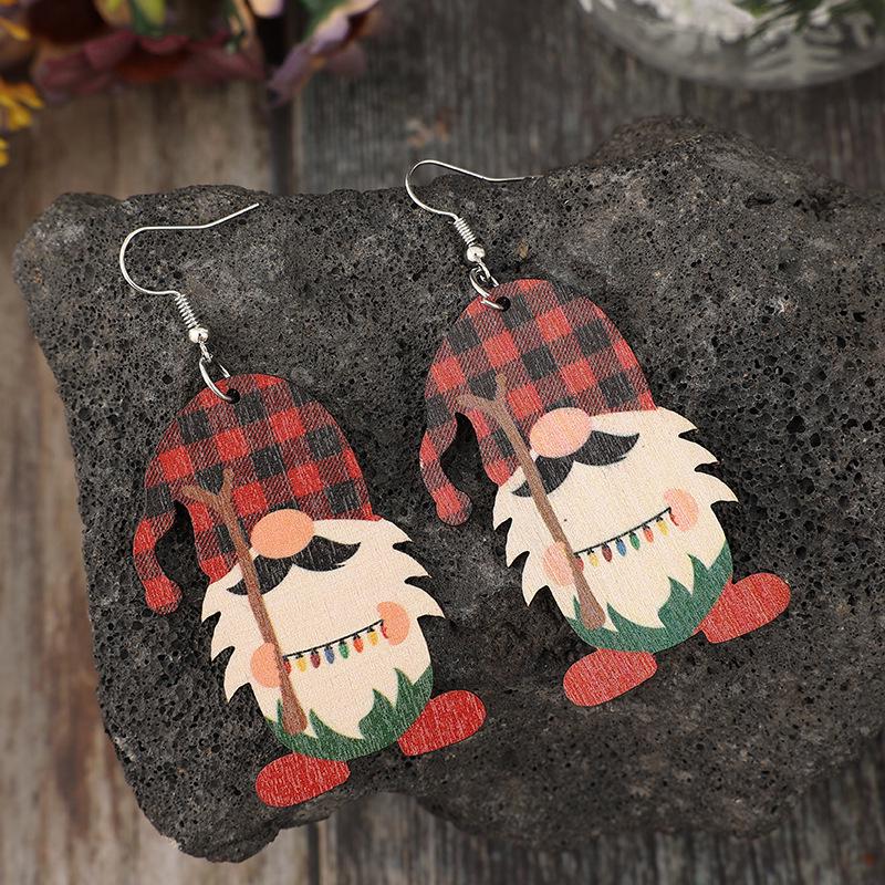 Festive Santa Plaid Hat Retro Wooden Earrings