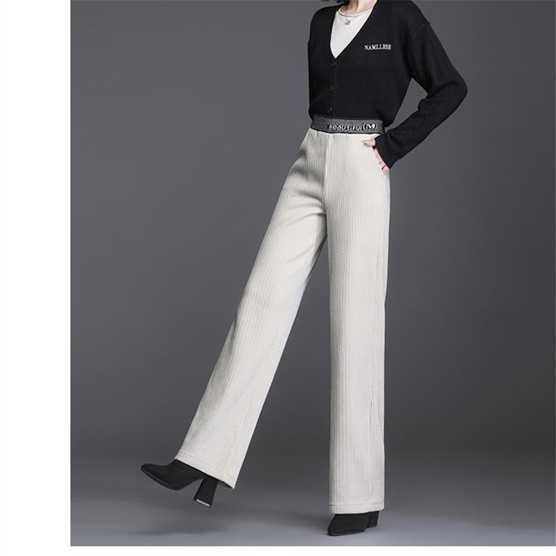 2022 Autumn Winter Korean Solid Color High Waisted Elastic Elegant Wool Office Ladies Women's Trousers Wide Leg Pants Women
